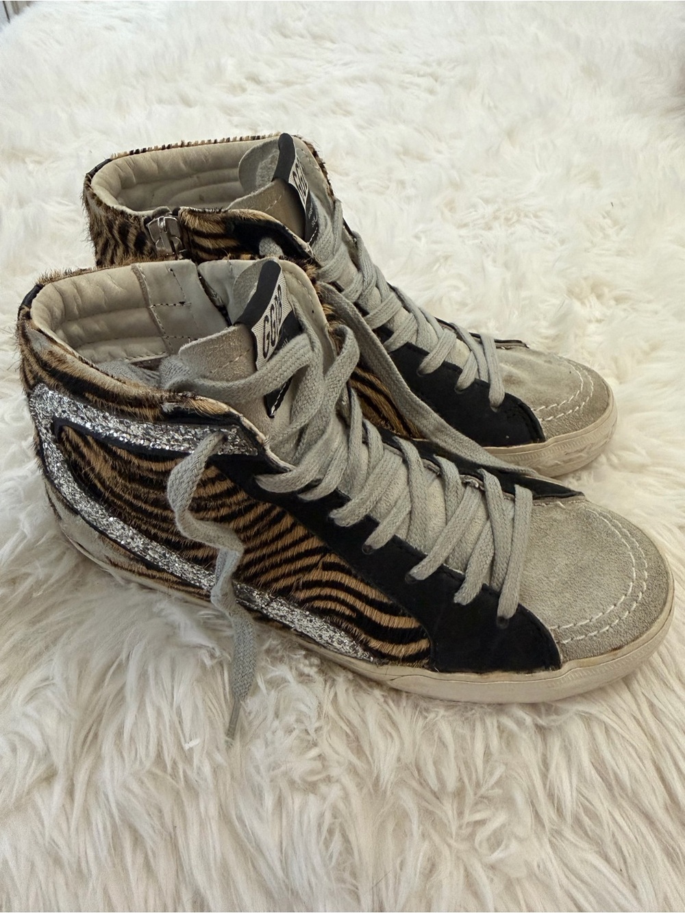 Golden Goose Slide  High-Top Sneakers in Tiger Print, Size 35 US 5